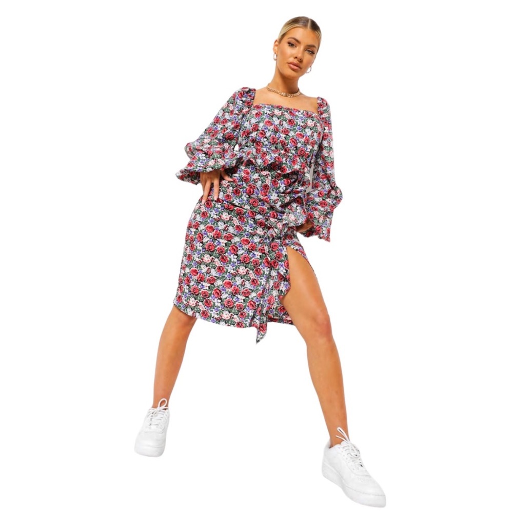 NWOT Boohoo Ruffle Waist Floral Midi Dress Size 14 - Picture 3 of 8